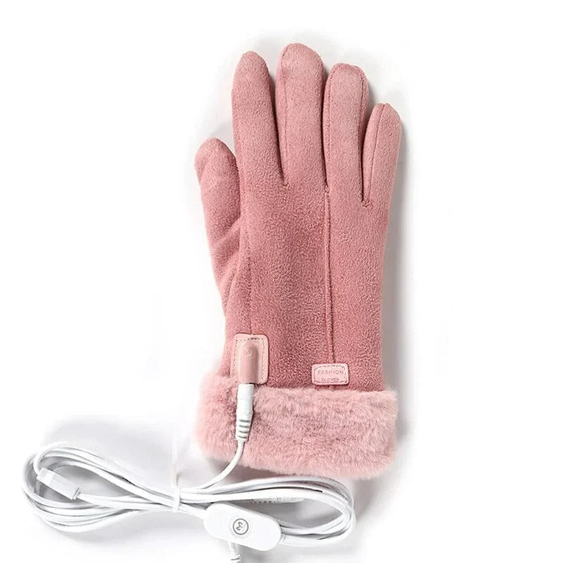 Women's Heated Gloves with USB Rechargeable Battery, Faux Fur Cuffs, Fleece Lining, Touchscreen Compatible