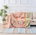 Close-up detail of the intricate floral tapestry weave showing orange and blue blooms on cream cotton